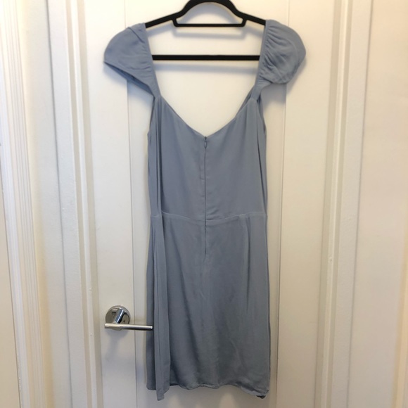 Reformation Sunset Light Blue Iris Peasant Off the Shoulder Mini Dress 12 - Picture 2 of 9